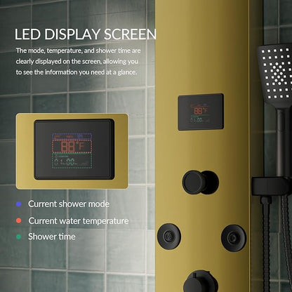Shower Panel Tower System Stainless Steel LED Rainfall Waterfall Shower Head 5-Function Faucet Rain Massage System Wall Mount with 8 Body Jets, Handheld, and Tub Spout, Gold