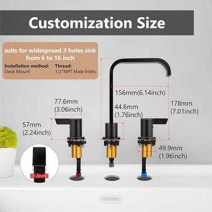 Matte Black Bathroom Faucet 3 Hole 8 Inch Widespread Waterfall | 2-Handle Vanity Faucet, Pop-Up Drain, Supply Lines, Adjustable 4- to 16-Inch Widespread Fit, 360° Swivel Spout