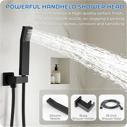 Black Shower Faucet Set, 10 inch Rain Shower System with Pressure Balance Valve, Wall Mounted 2-Functions Bathroom Shower Systems with Rain Shower and Handheld Spray Shower Trim Included
