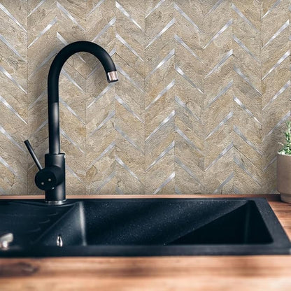 DICOFUN 10-Sheet Sandstone Look Herringbone Peel and Stick Backsplash for Kitchen, PVC Mixed Metal Gold Chevron Stick on Backsplash Wall Tiles