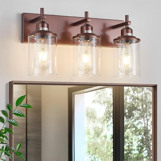 3-Light Bronze Bathroom Light Fixtures Over Mirror,Modern Bathroom Vanity Light with Clear Glass Shade, Wall Sconce for Bathroom Hallway Cabinet Bedroom Kitchen Living Room Foyer E26 Base