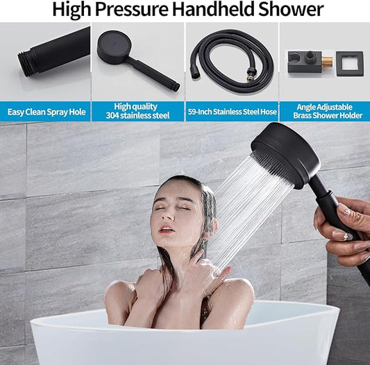 Matte Black Shower System With Tub Spout Faucet Set, Wall Mounted 10 Inch Shower Heads with Handheld Spray Combo and Tub Shower Faucet, Luxury Bathroom Square Rain Shower System - 4 Hooks