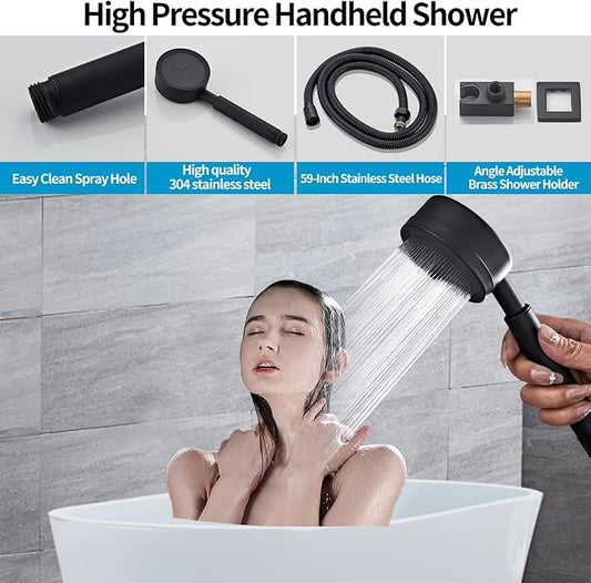 Matte Black Shower Tub Faucet Set, Wall Mounted 8 Inch | Shower Heads with Handheld Spray Combo and Tub Shower Faucet, Luxury Bathroom Square Rain Shower System