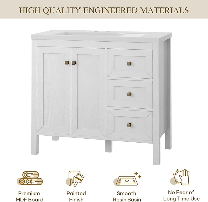 DWVO 36 Inch Bathroom Vanity with Sink, Modern Bathroom Storage Cabinet with Resin Basin, Three Holes, 2 Doors & 3 Drawers