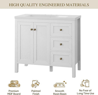DWVO 36 Inch Bathroom Vanity with Sink, Modern Bathroom Storage Cabinet with Resin Basin, Three Holes, 2 Doors & 3 Drawers