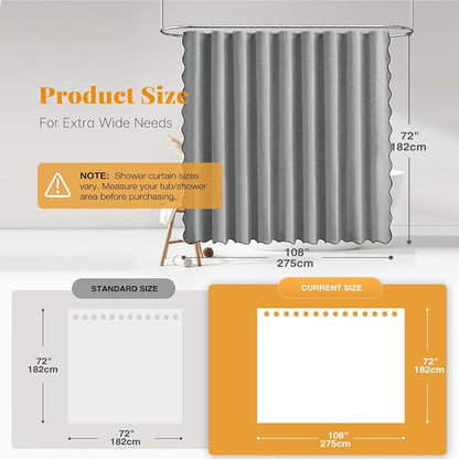 BTTN Extra Wide Shower Curtain - 108 Inch Boho Scalloped Linen Textured Thick Fabric Shower Curtain Set with 18 Plastic Hooks - Large Country Waterproof Shower Curtains for Bathroom - 108x72 - Grey