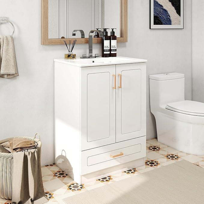 DUMOS 24'' Modern Bathroom Vanity Cabinet, Freestanding Bathroom Storage | Set with Smooth Ceramic Undermount Sink Basin, 2 Cabinet Doors and 1 Drawer Design, Easy Assmble Furniture, No Faucet, Ivory
