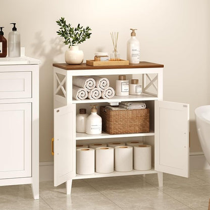 Bathroom Storage Cabinet with Doors, Adjustable Shelf, Wood Top | Adjustable Shelf