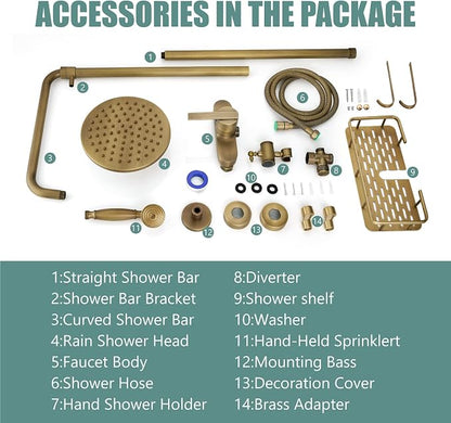 Heyalan Antique Brass Exposed Pipe Shower System 8 Inch Rainfall Shower Head Fixture Combo Set Single Handle with Handheld Sprayer Bathroom Shower Faucet Adjustable Showerhead Bar with Shower Shelf