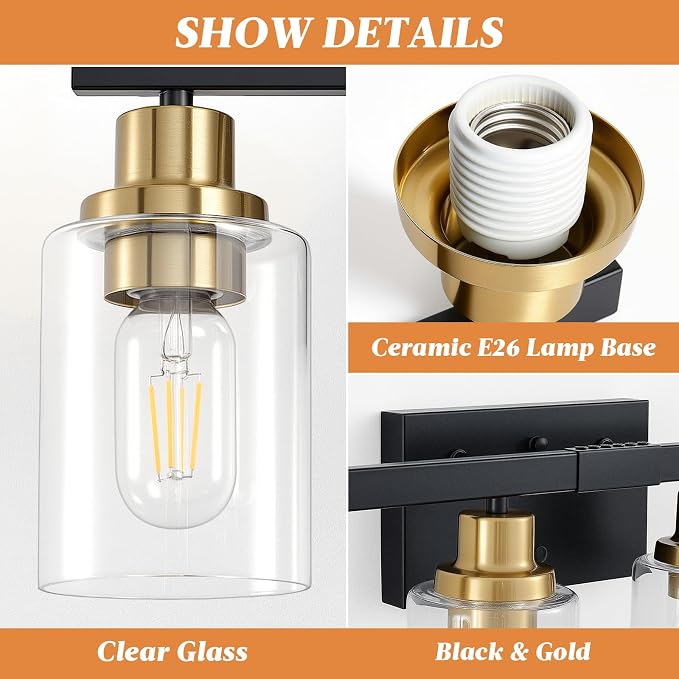 8-Light Bathroom Light Fixture Black and Gold Vanity Lights,52" | Vanity Lights for Bathroom,Clear Glass Shade,over Mirror,Modern Wall Sconces Farmhous Wall Mounted for Bathroom,E26 Base