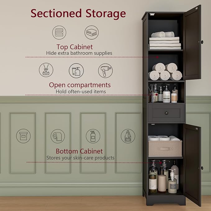 Tall Bathroom Cabinet,Storage Cabinet with 5 Shelves & 1 Drawer, with Adjustable Shelve, for Bathroom, Kitchen, Entryway, Living Room (Black)