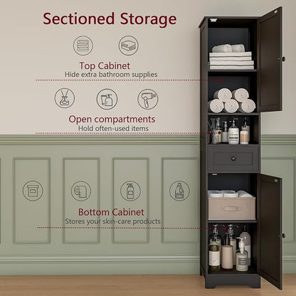 Tall Bathroom Cabinet,Storage Cabinet with 5 Shelves & 1 Drawer, with Adjustable Shelve, for Bathroom, Kitchen, Entryway, Living Room (Black)