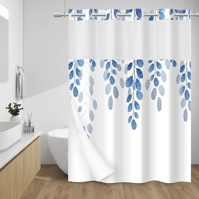 No Hook Floral Shower Curtain with Liner, Blue, 71x74 | Snap in Liner, 3 in 1, Water Repellent, Easy Install, Machine Washable, Hotel Style for Bathroom, Watercolor Pattern