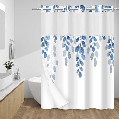 No Hook Floral Shower Curtain with Liner, Blue, 71x74 | Snap in Liner, 3 in 1, Water Repellent, Easy Install, Machine Washable, Hotel Style for Bathroom, Watercolor Pattern