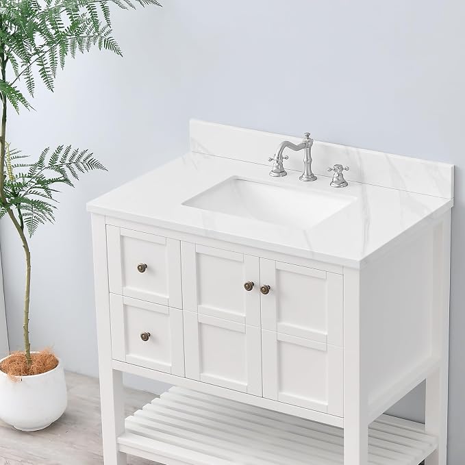 36 in. W x 22 in D Quartz Vanity Top in Calacatta Rocky, Vanity Sink Top with Assembled Single Drop-in Sink, Pre-Drilled Widespread Faucet Holes Countertop with 4" H Backsplash