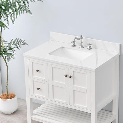 36 in. W x 22 in D Quartz Vanity Top in Calacatta Rocky, Vanity Sink Top with Assembled Single Drop-in Sink, Pre-Drilled Widespread Faucet Holes Countertop with 4" H Backsplash