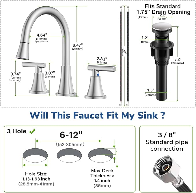 8 Inch Pull Out Sprayer Bathroom Faucet 3 Hole, Widespread 2 Handle Sink Faucet with Pop Up Drain and Supply Lines, Stainless Steel for Vanity, RV, Brushed Nickel