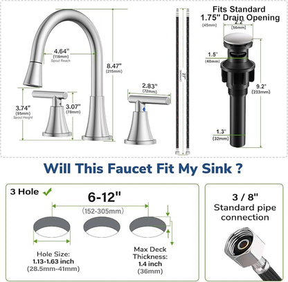 8 Inch Pull Out Sprayer Bathroom Faucet 3 Hole, Widespread 2 Handle Sink Faucet with Pop Up Drain and Supply Lines, Stainless Steel for Vanity, RV, Brushed Nickel