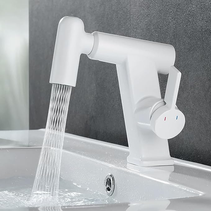 JRUIA White Bathroom Faucet, Brass Sink Mixer Tap, Pull Out Spray, Three Water Output Modes, Modern Swivel Kitchen Faucet,White