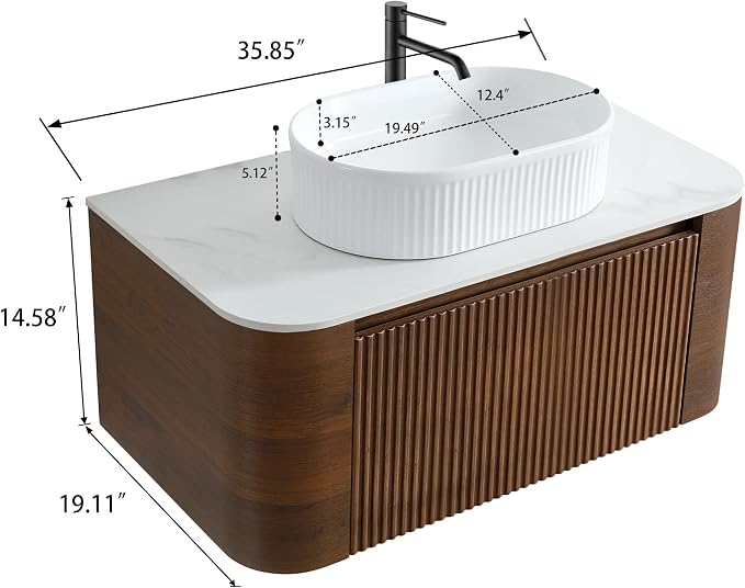 36" Preassembled Floating Bathroom Vanity with White Sink, Walnut | Mid-Century Modern Style, Fluted & Soft-Close Drawer with U-shaped Wall, Sinterted Stone Countertop, Towel Rack Included