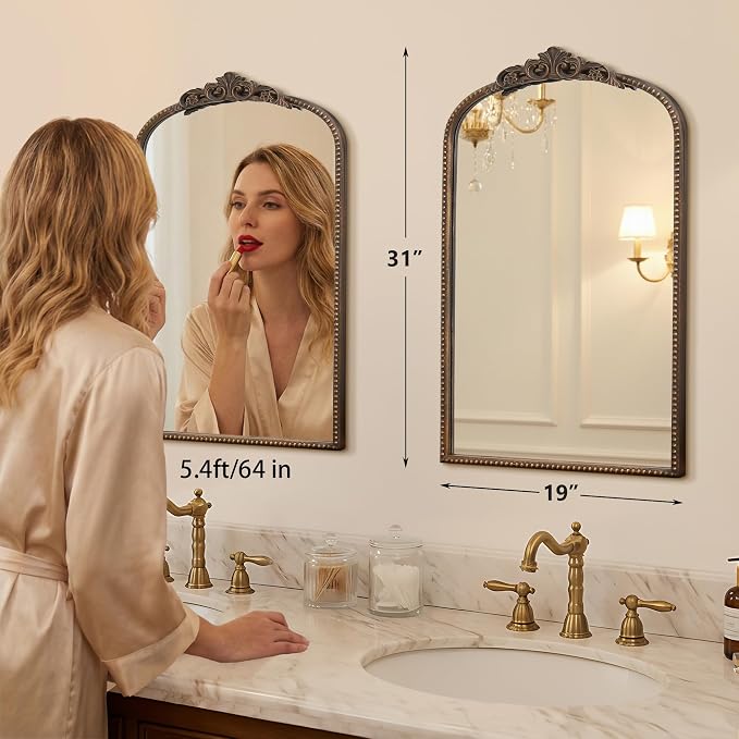 Micasso Bathroom Mirror for Over Sink: 19"x31" Bronze Vintage Arched Mirror | Traditional Ornate Baroque Decorative Antique Wall Mirror for Bedroom/Entryway/Hallway/Dresser/Vanity/Mantel/Nightstand