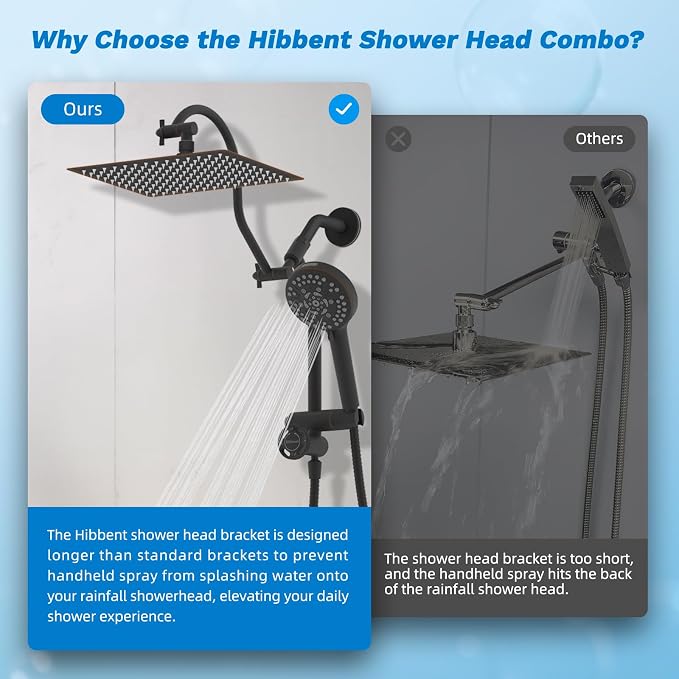 Hibbent High Pressue All Metal 12" Rainfall Shower Head, Handheld 10-Spray | cUPC Certified Oil-Rubbed Bronze Dual Showerhead Combo, 4-way Diverter with Pause Mode, Extension Arm, 71'' Hose & Holder