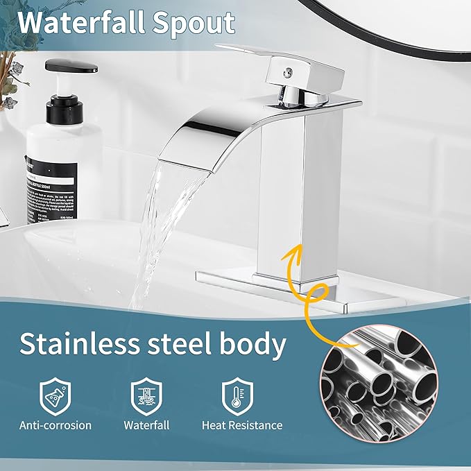 sagetta Waterfall Bathroom Sink Faucet Single Hole Chrome with Three Hole Cover Deck Plate, Pop up Drain and Water Hoses Stainless Steel Vanity Two Pack