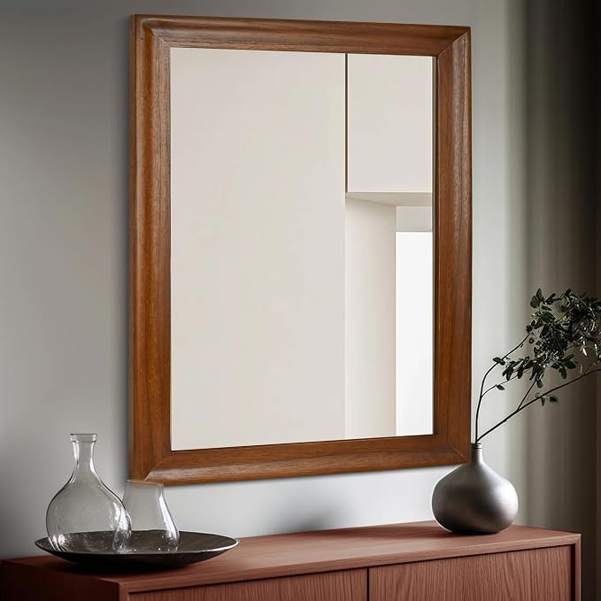 CULER Wood Wall Mirror for Bathroom, Rectangle,30 x 40 inch,Walnut Brown | Rustic Hanging Mirrors, Wooden Frame, For Living Room, Bedroom, Entryway