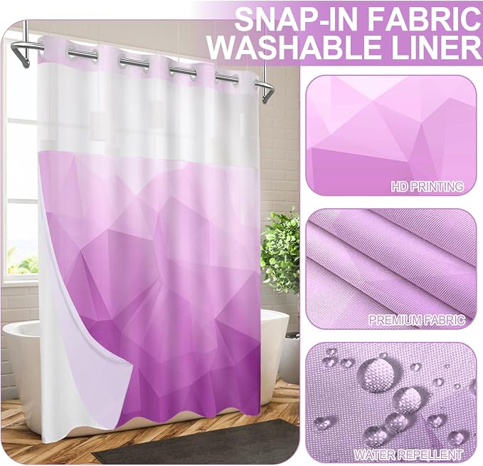 No Hook Shower Curtain with Snap in Liner Set, Light Purple, 71x74 | Waterproof Fabric for Bathroom, Modern Hotel Style Ombre Design, Mesh Top Window, Machine Washable, Quick Install