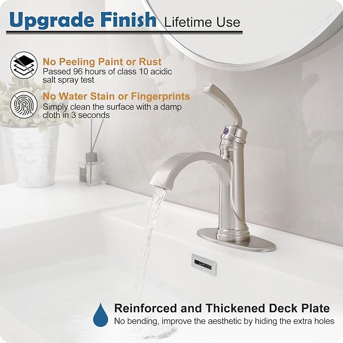 Brass Waterfall Bathroom Faucets Brushed Nickel Single Handle Bathroom Faucet 3 Hole or 1 Hole, 4 Inch Bathroom Sink Faucet, Bathroom Vanity Faucet with Drain Deck Plate No Peeling Paint