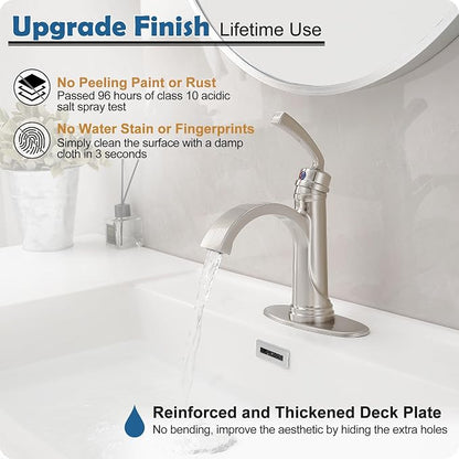 Brass Waterfall Bathroom Faucets Brushed Nickel Single Handle Bathroom Faucet 3 Hole or 1 Hole, 4 Inch Bathroom Sink Faucet, Bathroom Vanity Faucet with Drain Deck Plate No Peeling Paint