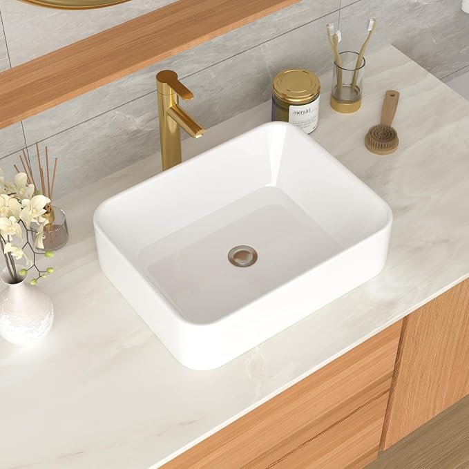 White Bathroom Vessel Sink Ceramic Vanity Art Basin Above Counter | 19x15 Inch Rectangular Bathroom Sink Porcelain Vessel Vanity Sink