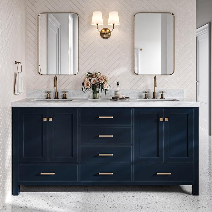 DKB Beckford 72 Inch Bathroom Vanity Double Sink — Midnight Blue Bathroom Vanity with Sink, 1.5" Edge Italian Carrara Marble Countertop & Backsplash, 4 Soft-Close Doors, 6 Dovetail Drawers