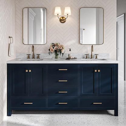 DKB Beckford 72 Inch Bathroom Vanity Double Sink — Midnight Blue Bathroom Vanity with Sink, 1.5" Edge Italian Carrara Marble Countertop & Backsplash, 4 Soft-Close Doors, 6 Dovetail Drawers