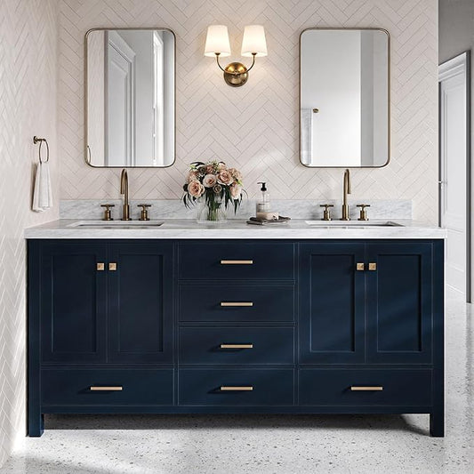 DKB Beckford 72 Inch Bathroom Vanity Double Sink — Midnight Blue Bathroom Vanity with Sink, 1.5" Edge Italian Carrara Marble Countertop & Backsplash, 4 Soft-Close Doors, 6 Dovetail Drawers