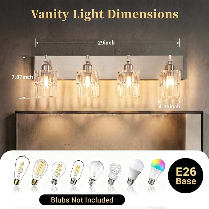 OCIOC 4-Light Nickel Bathroom Vanity Light Over Mirror, Brushed Nickel Bathroom Wall Lights with Glass Shades, Indoor Wall Mounted Lamp for Living Room Bedroom Hallway