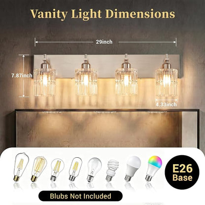OCIOC 4-Light Nickel Bathroom Vanity Light Over Mirror, Brushed Nickel Bathroom Wall Lights with Glass Shades, Indoor Wall Mounted Lamp for Living Room Bedroom Hallway