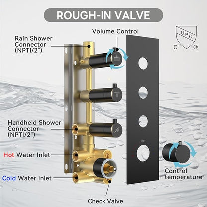 Shower Faucet Set,Thermostatic Shower System,12 Inch Ceiling Mounted and 6 Inch Wall Mount Rain Shower Head with 2 in 1 Handhled,High Pressure Dual Shower Head Combo Set Matte Black