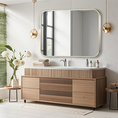 16x24 Inch Brushed Nickel Bathroom Mirror, Framed Rectangle Mirror with Rounded Corner, Brushed Mirror, Silver Bathroom Mirror for Over Sink, Vanity, Living Room, Bedroom, Horizontal/Vertical