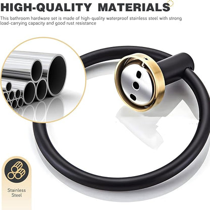 3-Piece Black and Gold Bathroom Hardware Set, Stainless Steel, Wall Mounted | Bathroom accessories set includes hand towel ring, toilet paper holder and robe hook, stainless steel wall-mounted desig