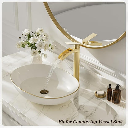 Phiestina Brushed Gold Tall Bathroom Vessel Sink Faucet 2 Pack, Single Hole Single Handle Waterfall Above Countertop Sink Bathroom Faucet, with Pop Up Drain,Water Supply Line, NS-SF01-V-BG-2pack