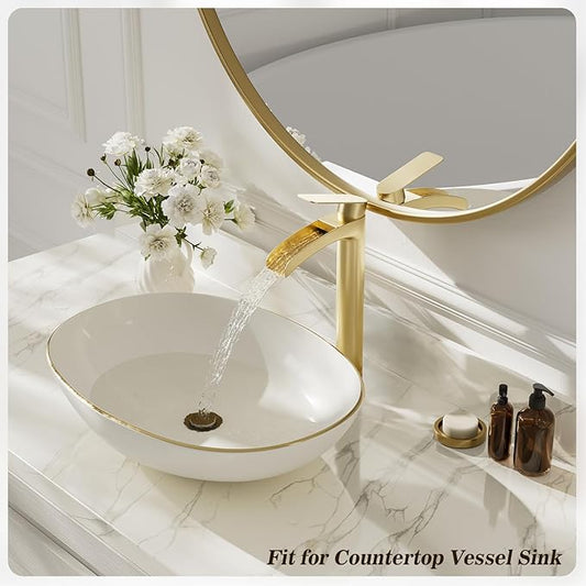 Phiestina Brushed Gold Tall Bathroom Vessel Sink Faucet 2 Pack, Single Hole Single Handle Waterfall Above Countertop Sink Bathroom Faucet, with Pop Up Drain,Water Supply Line, NS-SF01-V-BG-2pack