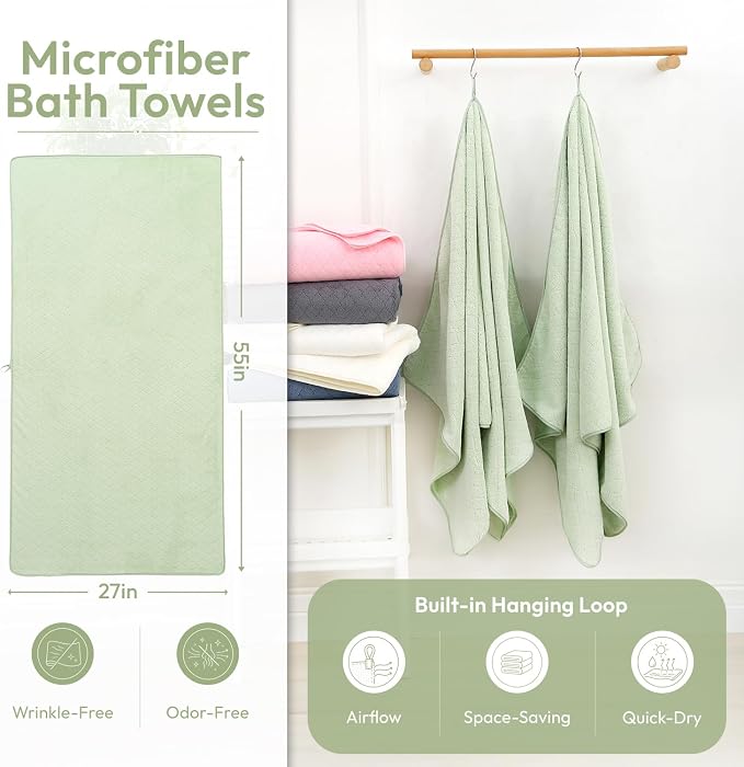 JML Microfiber Bath Towels, 2 Pack, 27x55 in, Light Green | Soft, Super Absorbent, Quick Dry, Lint-Free, Lightweight Bathroom Towel with Hanging Loop for Daily Use