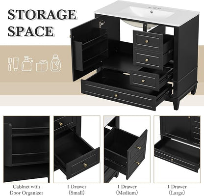 Bathroom Vanity with Ceramic Sink 36 Inch, Cabinet with One Door and Three Drawers, Soft-Closing Door, Solid Wood Legs, Black