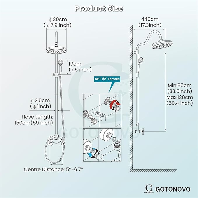 gotonovo Exposed Shower Faucet Set Luxury,Oil Rubbed Bronze,Curved Arc Rod | Bathroom 8” Shower Head with Handheld Spray System Fixtures,Vintage Two Cross Handle,Wall Mount,for 5-6.7" Hole,Adjust Height