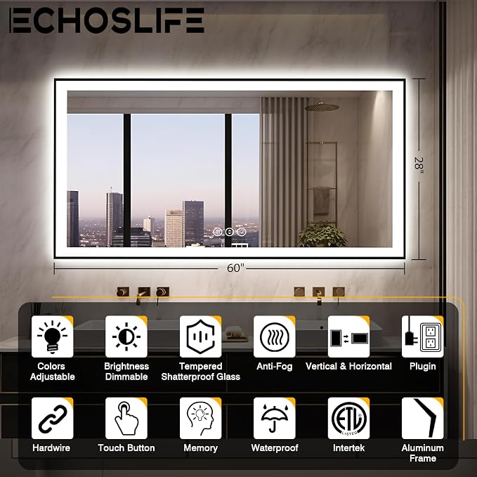 EchosLife 60x28 LED Bathroom Mirror for Wall - Black Aluminum Framed | Black Frame, Front and Backlit, Anti-Fog, Stepless Dimmable, 3 Colors, Memory, Tempered Glass, UL Listed, Horizontal/Vertical