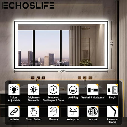 EchosLife 60x28 LED Bathroom Mirror for Wall - Black Aluminum Framed | Black Frame, Front and Backlit, Anti-Fog, Stepless Dimmable, 3 Colors, Memory, Tempered Glass, UL Listed, Horizontal/Vertical