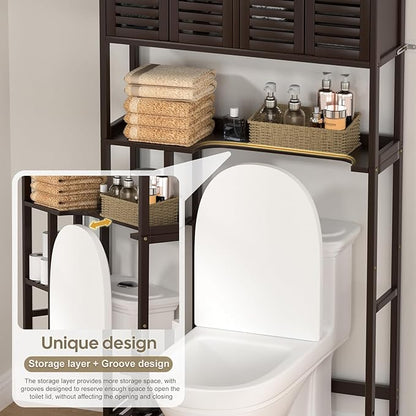 Over The Toilet Storage Cabinet: Bamboo Bathroom Organizer with Paper Holder Stand - Toilet Shelf No-Drill Installation Waterproof Feet - Left/Right Side Mount Space Saver Rack