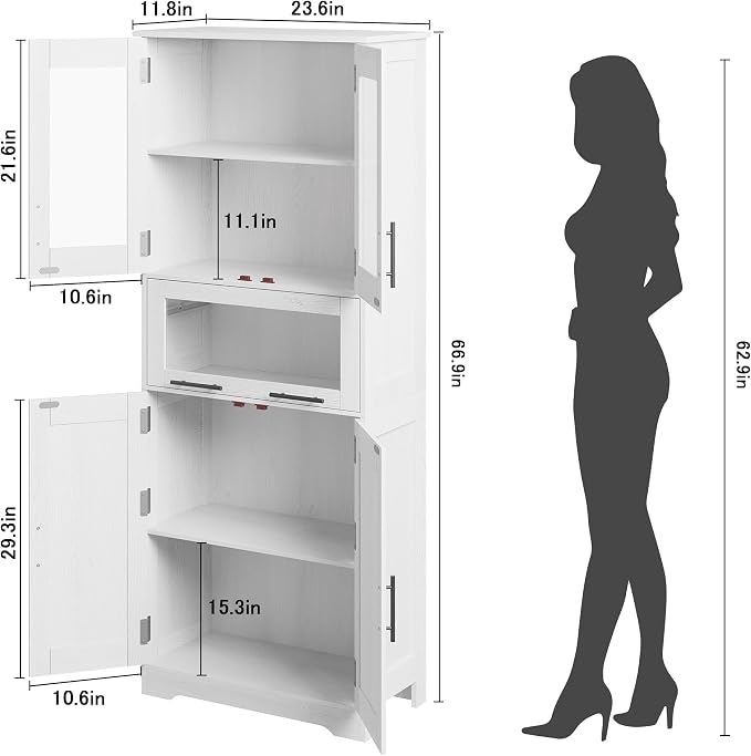 IDEALHOUSE 67" H Tall Bathroom Storage Cabinets with Drawer, White | Modern Freestanding Cabinet with Doors & Adjustable Shelves, Bathroom, Dining Room, Kitchen & Pantry, Laundry, Narrow Corner