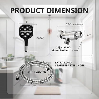 Handheld Shower Head with Extra Long Hose, 8 Setting Square Detachable Hand Held Spray with Upgrade Button & On Off Switch, 79" Hose - Chrome